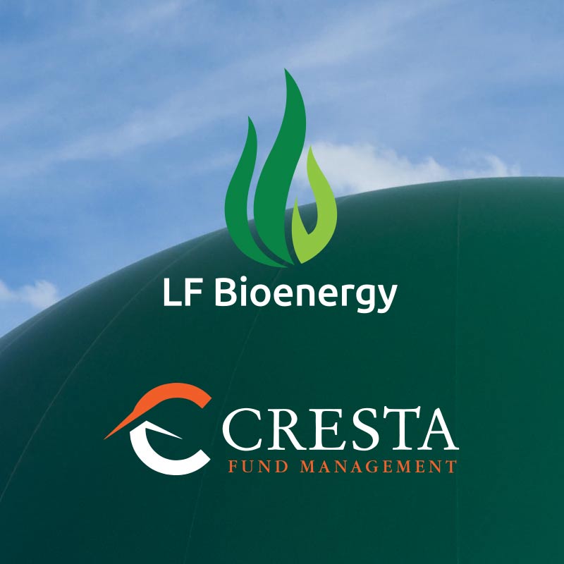 LF Bioenergy and Cresta Fund Management logos with a green biogas dome in the background