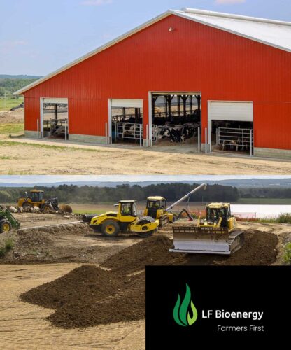 Montage of two phots of Nobles Farms barn in rural New York with another image of earth movers preparing ground for the construction of renewable gas digesters. This is a new project by LF Bioenergy.